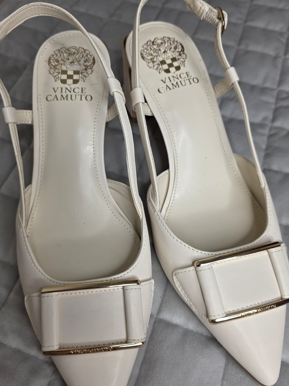 Vince Camuto Ivory Pointed-Toe Slingback Heels with Gold Buckle